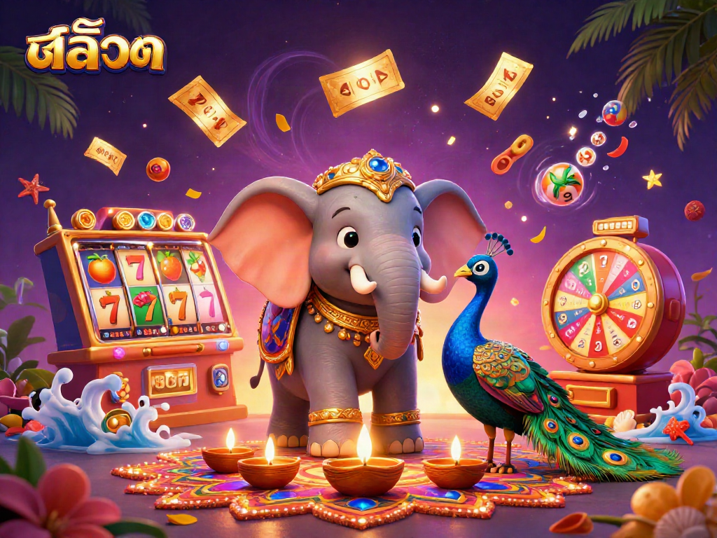 Experience the thrills of สล็อต with colorful slot reels and dynamic casino elements in a vibrant scene.