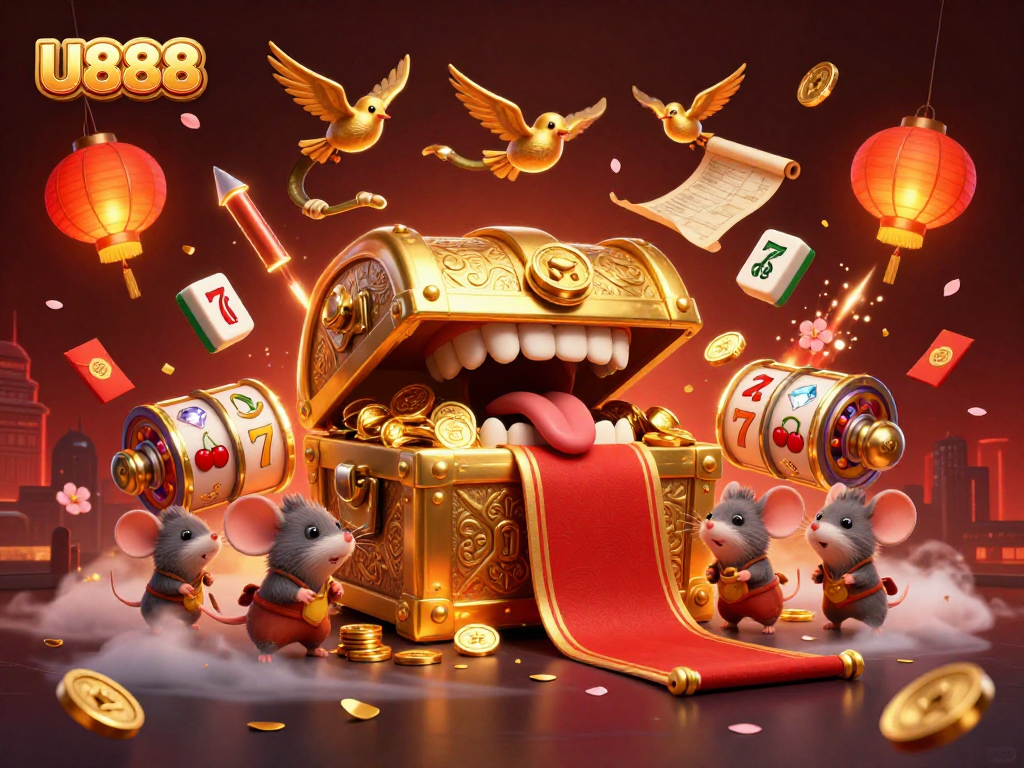 U888 showcases a vibrant casino scene with treasure chests and lucky slot reels, attracting players seeking riches.