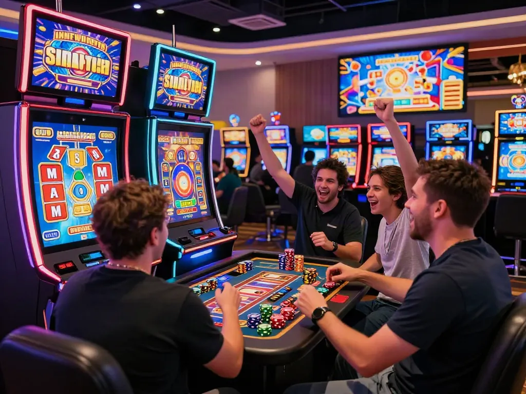 Pengalaman bermain slot yang mengasyikkan di kasino modern dengan pemain bersemangat.