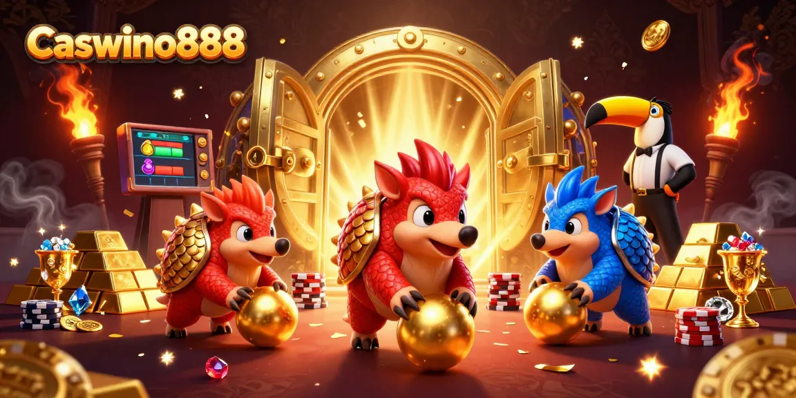 Experience the excitement of Caswino888 with vibrant pangolins and poker chips in a golden casino scene.